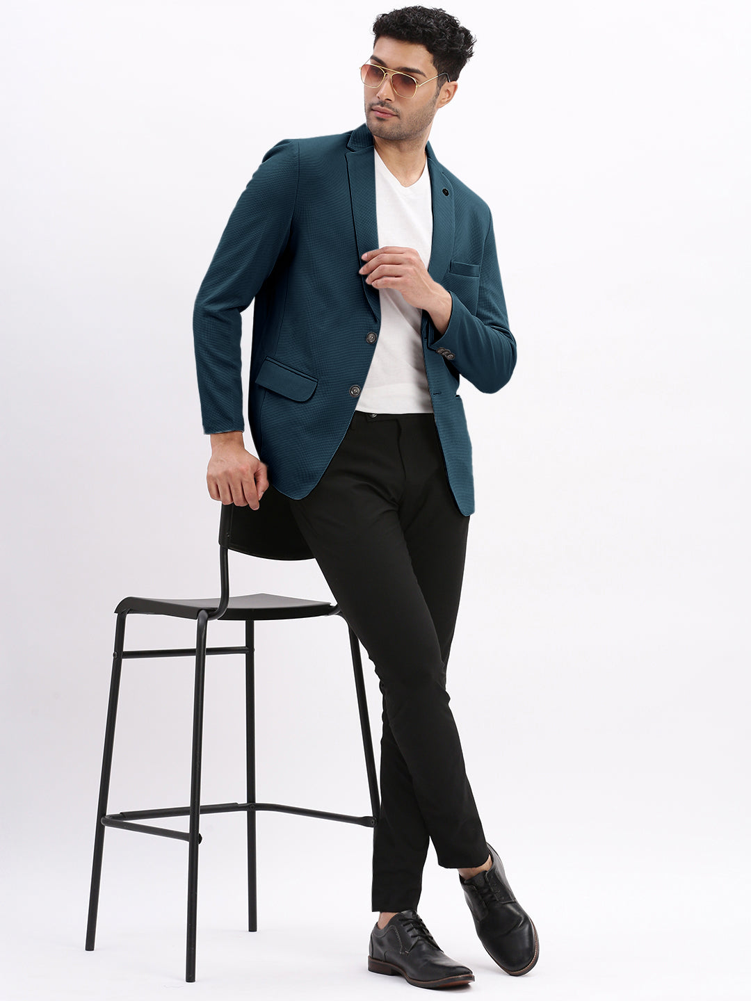 Men Teal Solid Single Breasted Blazer