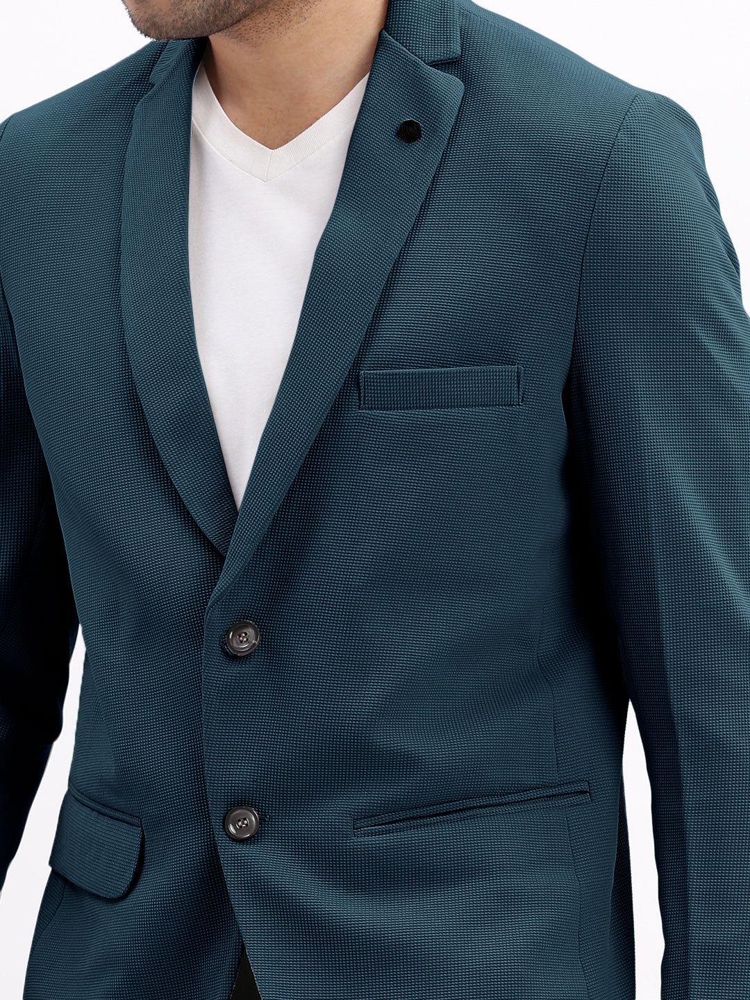 Men Teal Solid Single Breasted Blazer