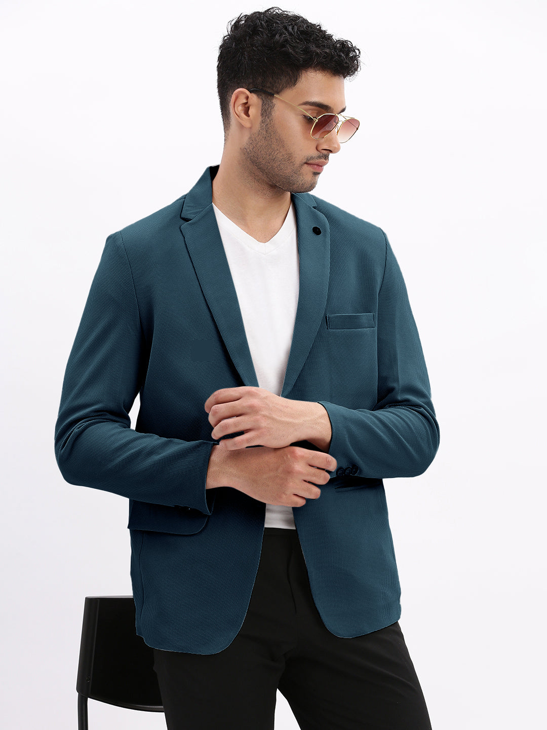 Men Teal Solid Single Breasted Blazer