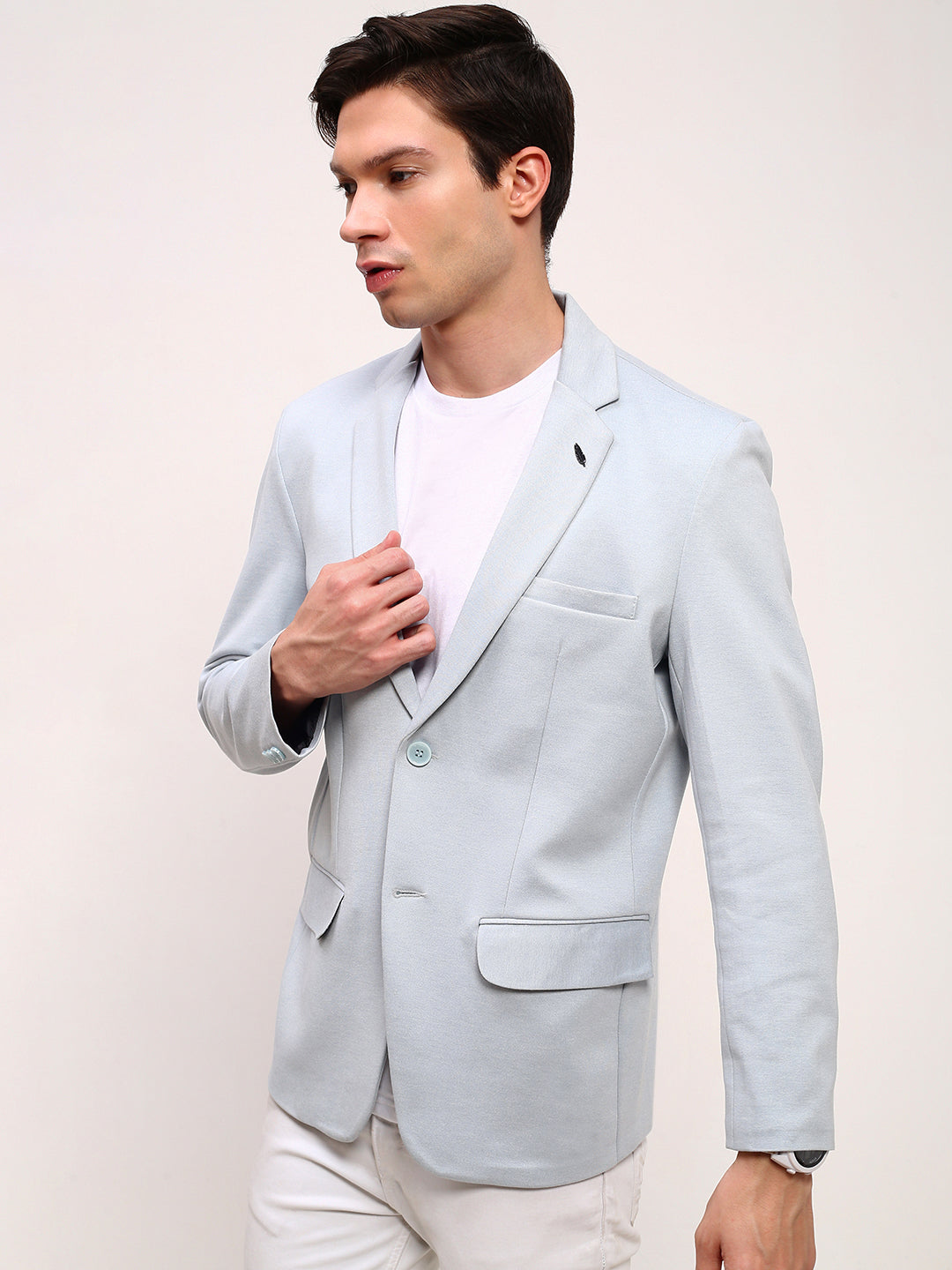 Men Blue Solid Single Breasted Blazer