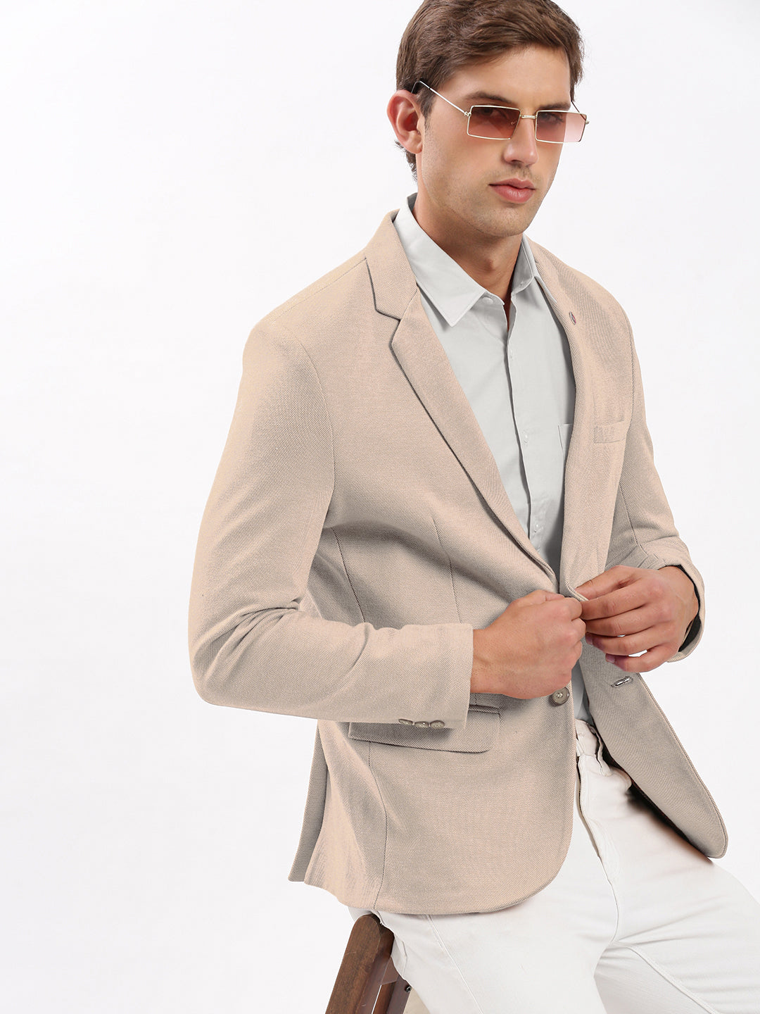 Men's Beige Single-Breasted Slim Fit Blazer with Notched Lapel