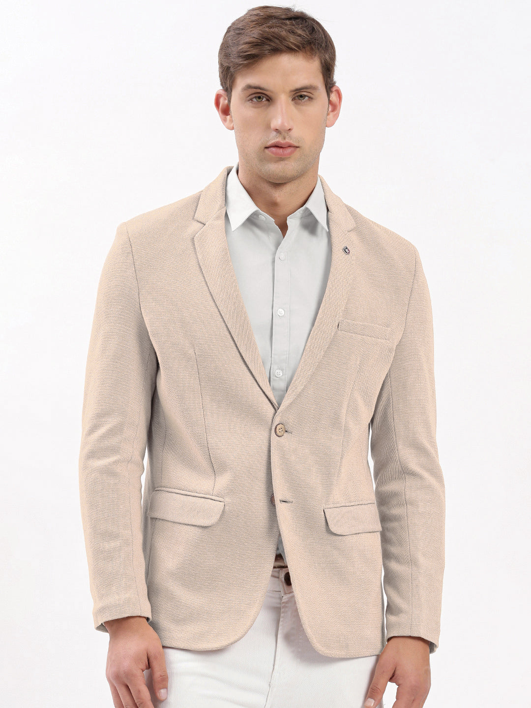 Men's Beige Single-Breasted Slim Fit Blazer with Notched Lapel