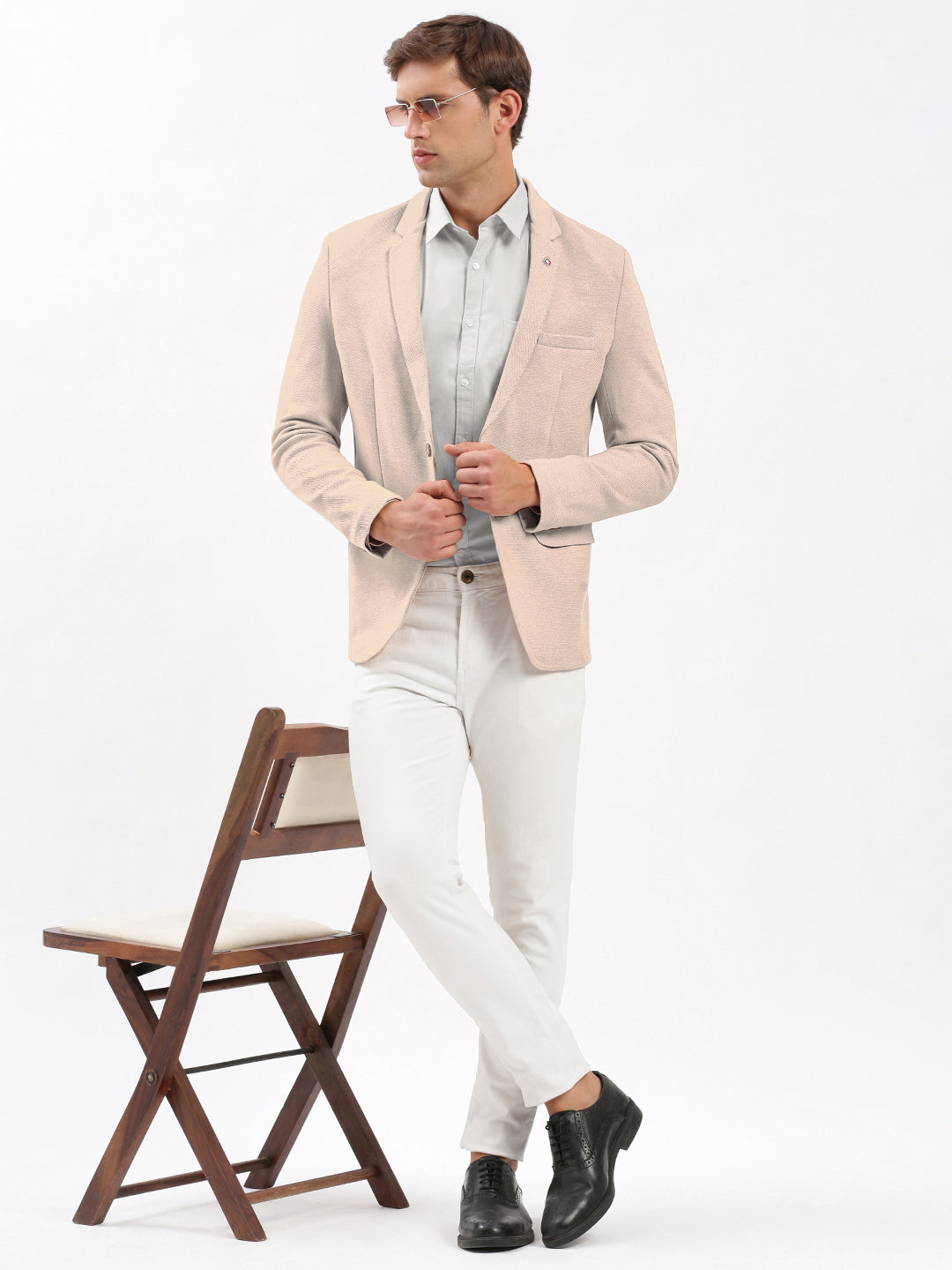 Men's Beige Single-Breasted Slim Fit Blazer with Notched Lapel