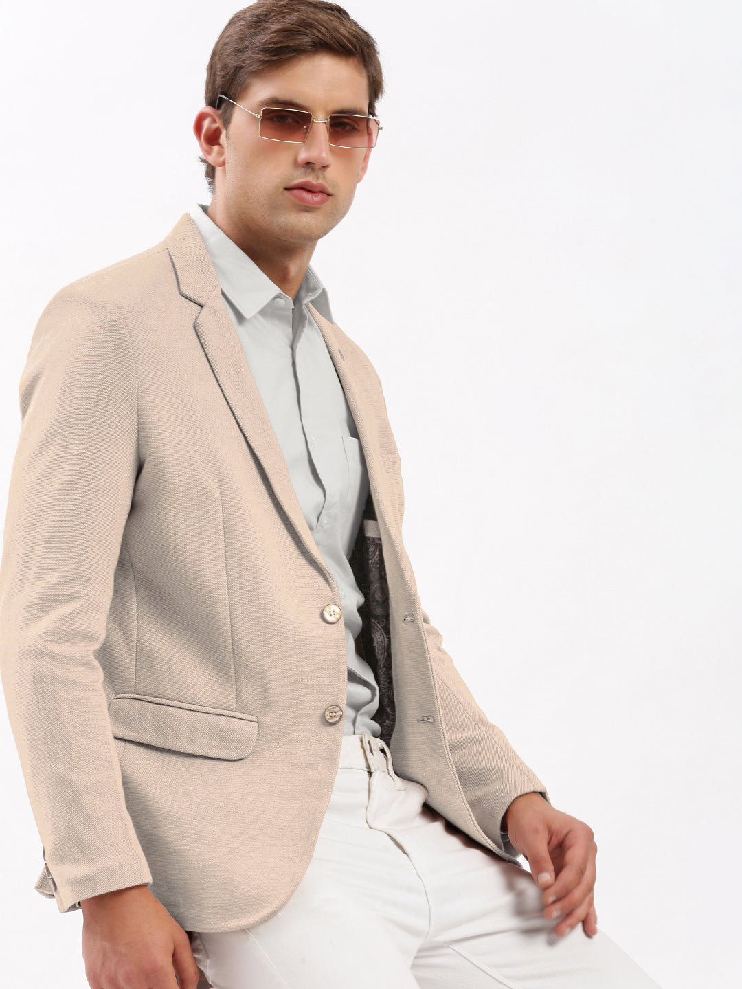 Men's Beige Single-Breasted Slim Fit Blazer with Notched Lapel