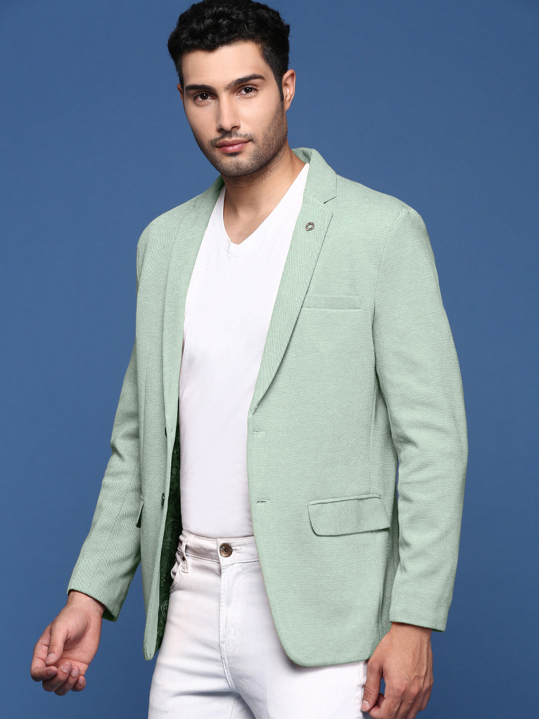 Men's Green Single-Breasted Slim Fit Blazer with Notched Lapel