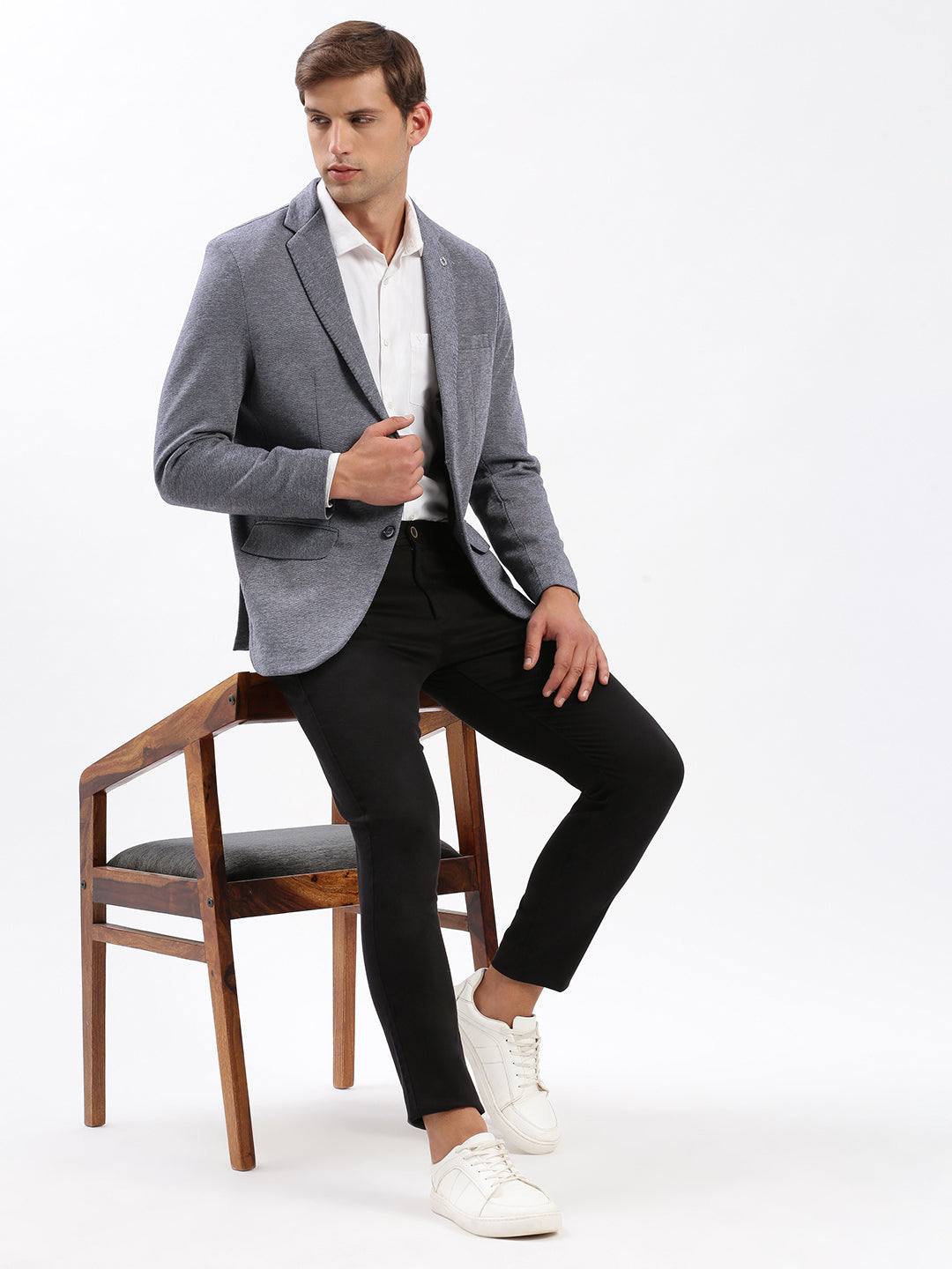 Men's Notched Lapel Solid Blue Single-Breasted Blazer