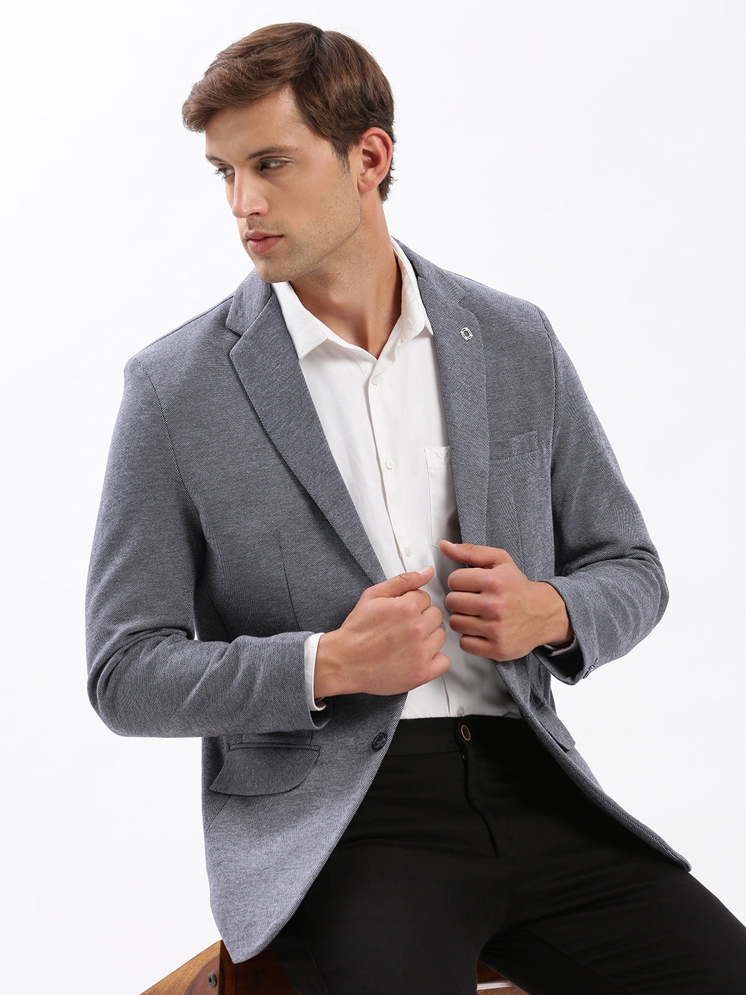 Men's Notched Lapel Solid Blue Single-Breasted Blazer