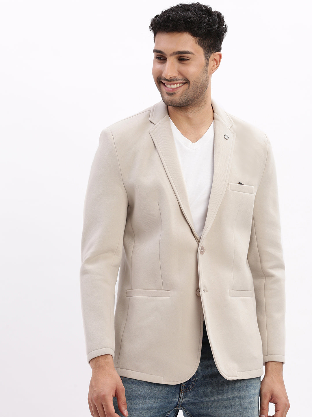 Men Beige Solid Single Breasted Blazer