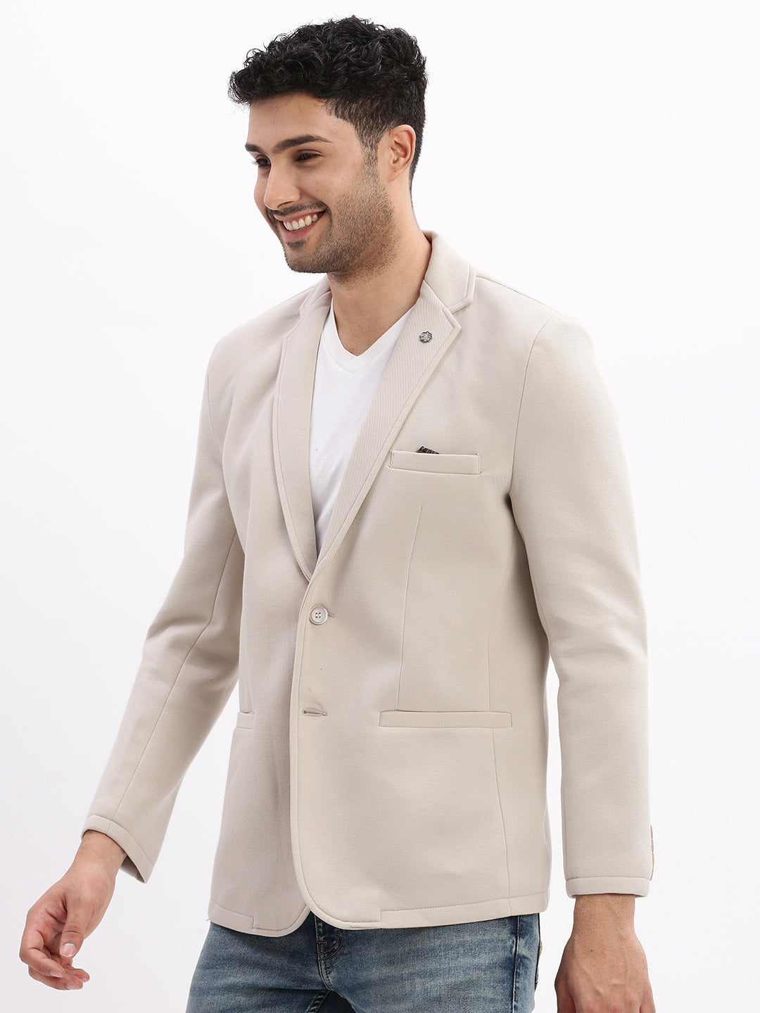 Men Beige Solid Single Breasted Blazer