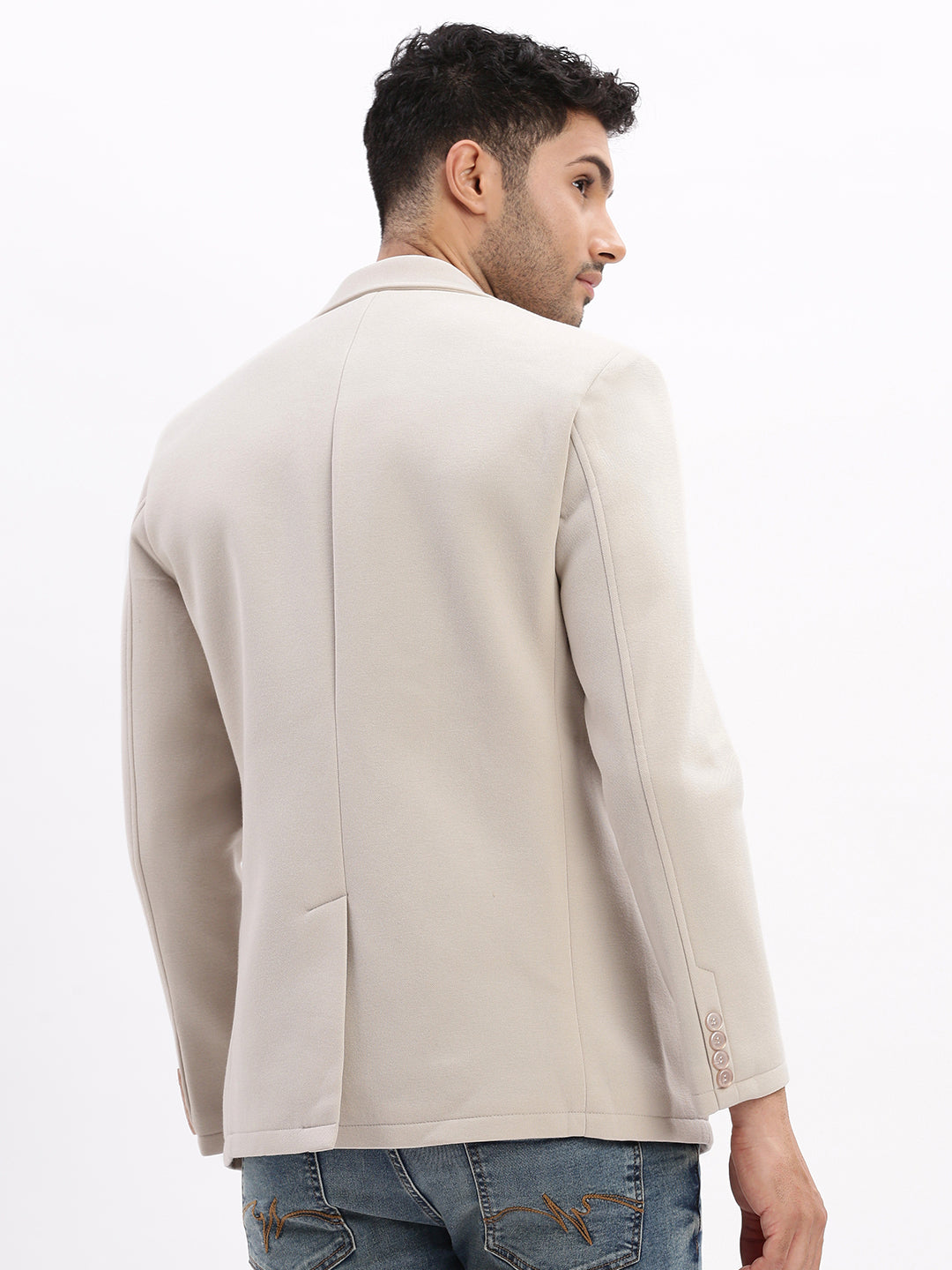 Men Beige Solid Single Breasted Blazer