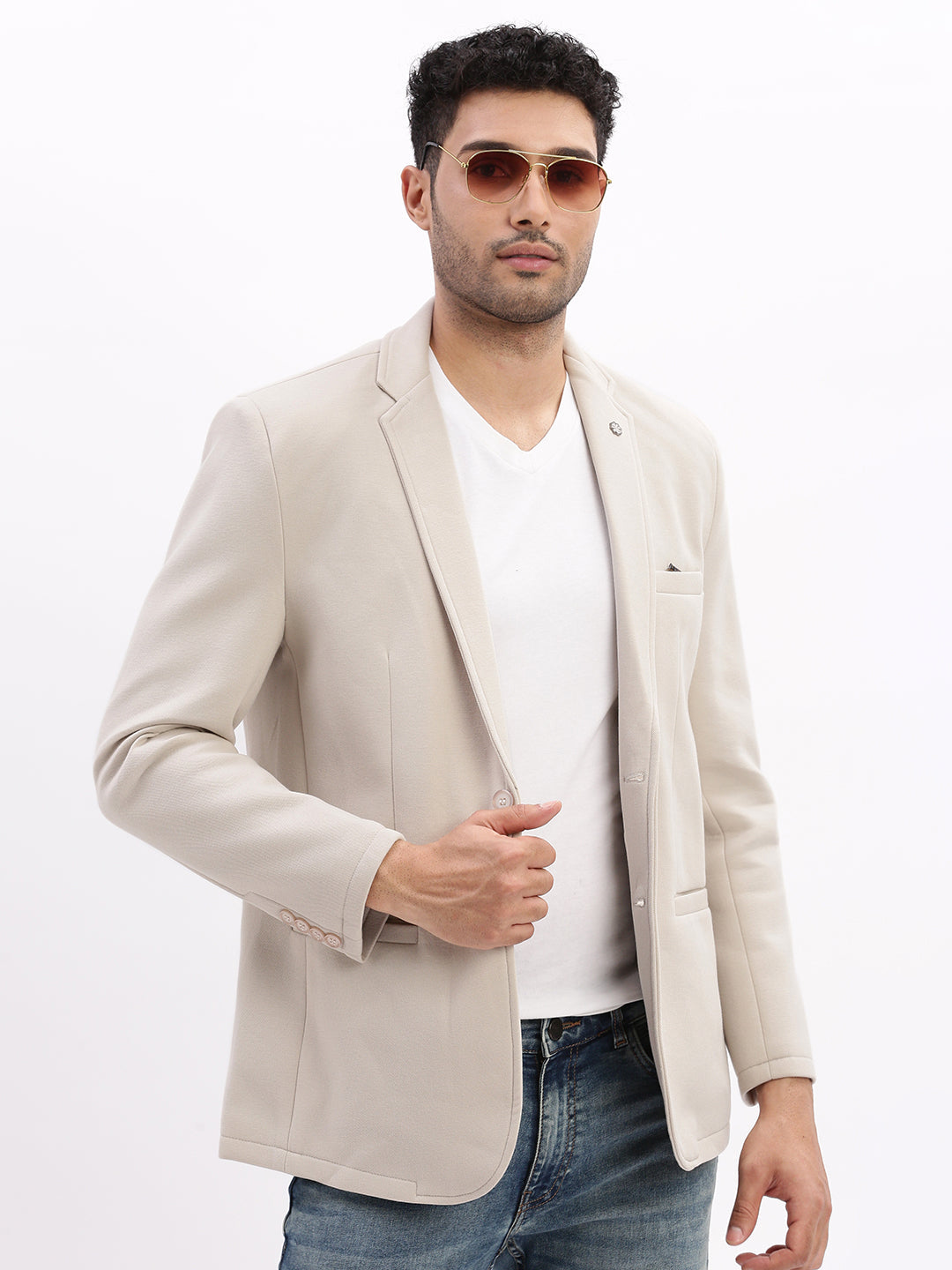 Men Beige Solid Single Breasted Blazer