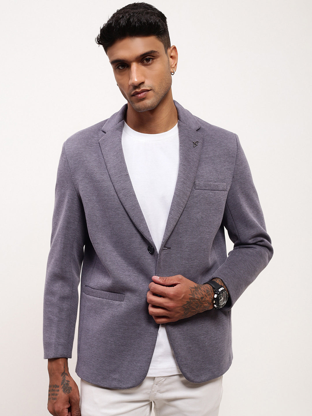 Men Blue Solid Single Breasted Blazer