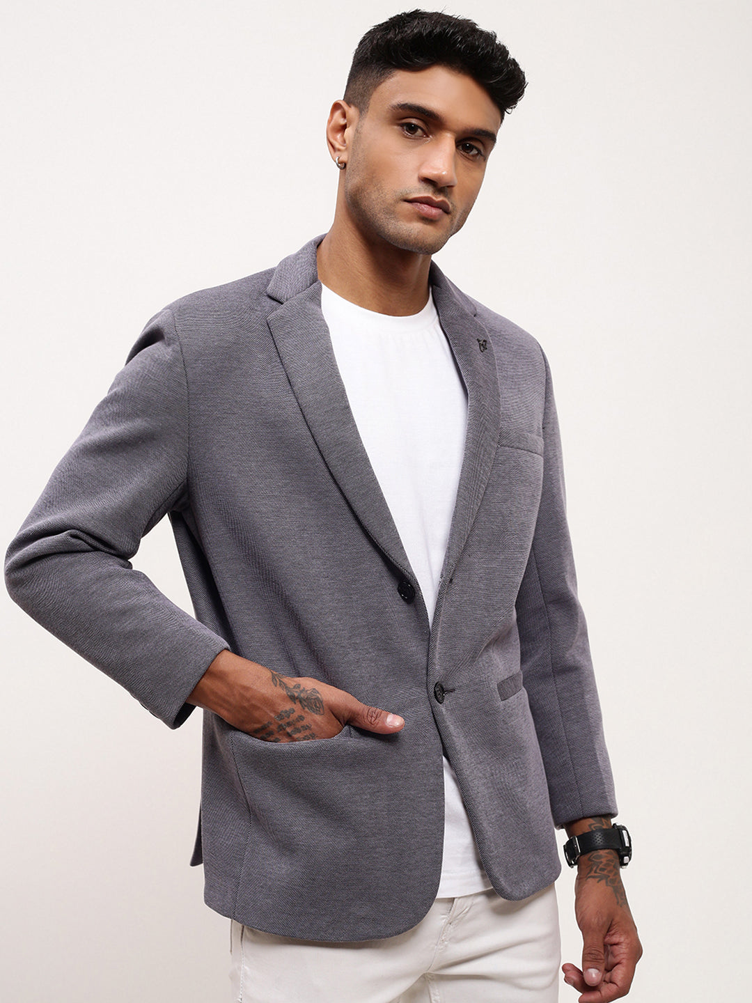 Men Blue Solid Single Breasted Blazer