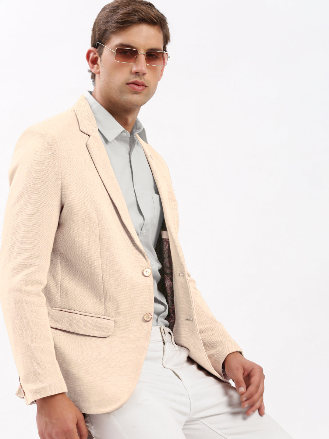 Men's Cream Single-Breasted Slim Fit Blazer with Notched Lapel