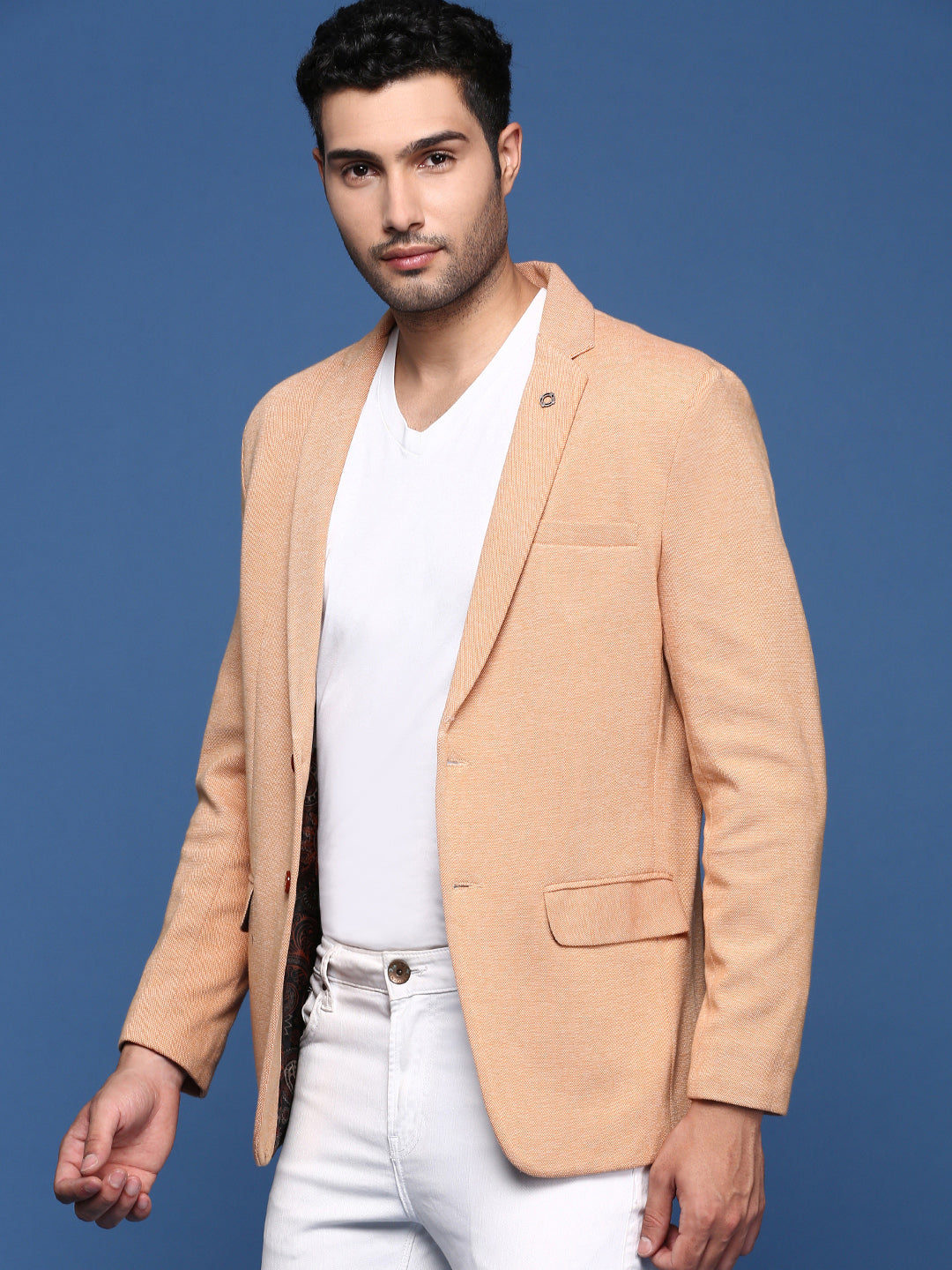 Men Orange Slim Fit Single Breasted Blazer