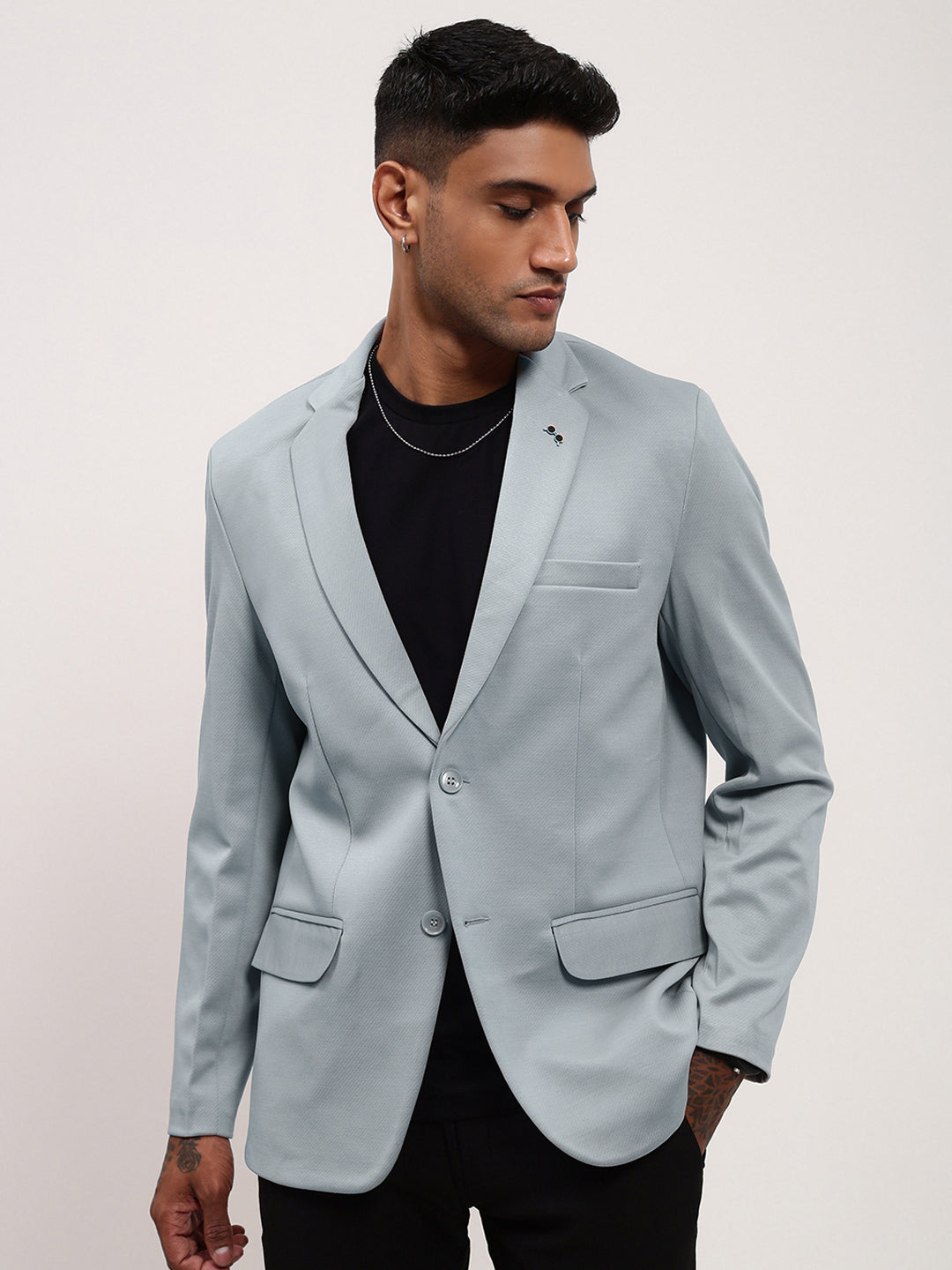 Men Blue Solid Single Breasted Blazer