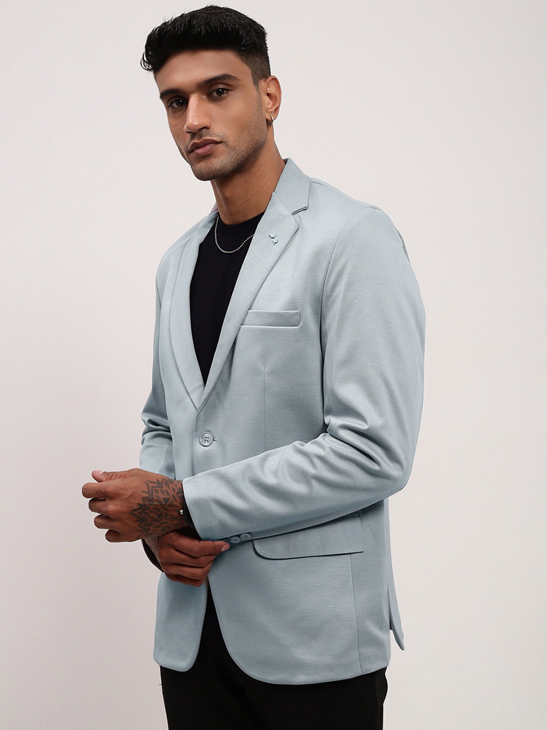 Men Blue Solid Single Breasted Blazer