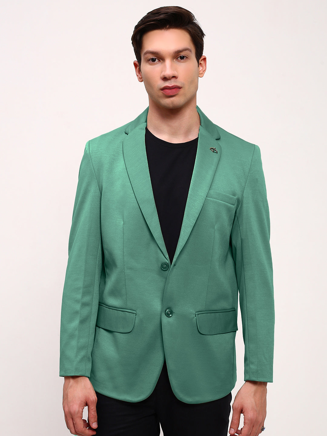 Men Green Solid Single Breasted Blazer