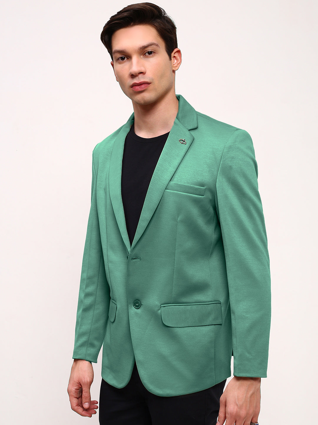 Men Green Solid Single Breasted Blazer