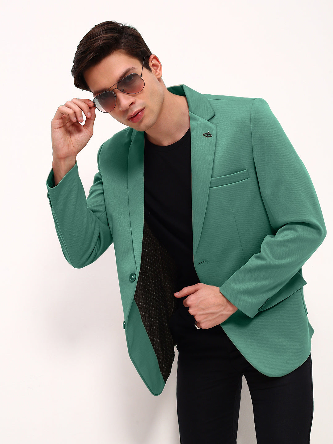 Men Green Solid Single Breasted Blazer