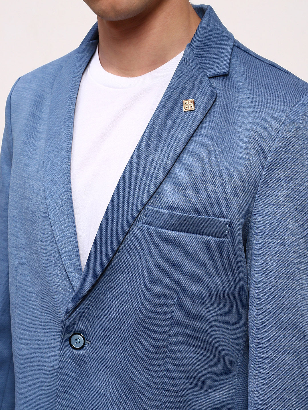 Men Blue Solid Single Breasted Blazer