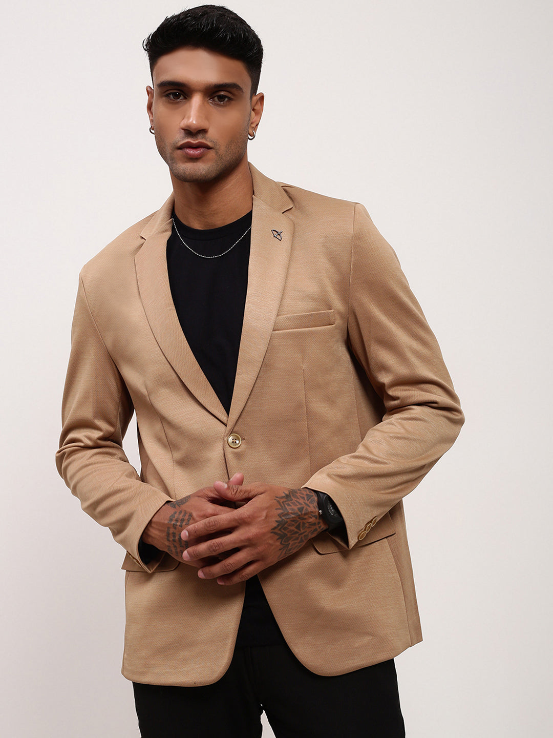 Men Brown Solid Single Breasted Blazer