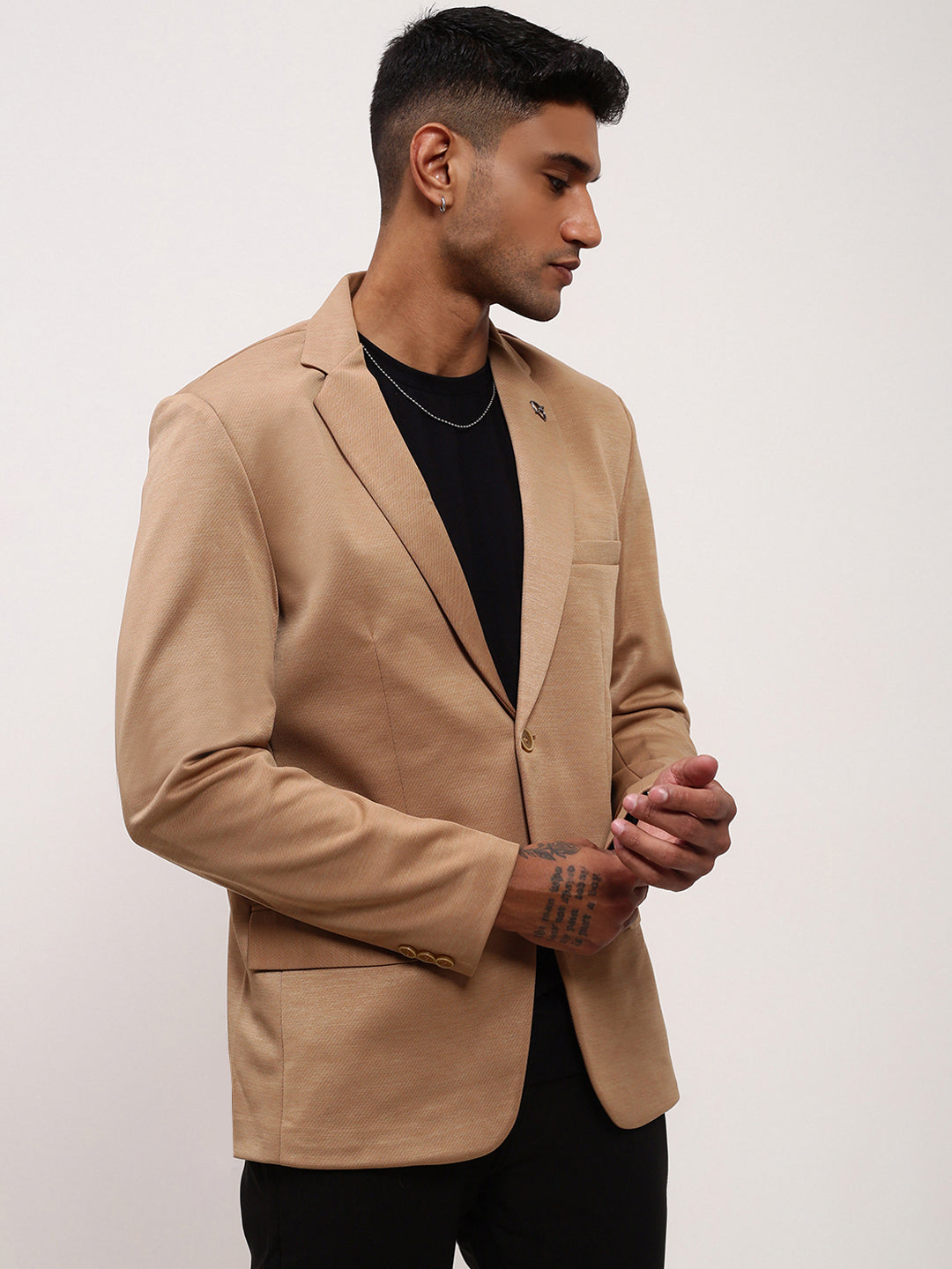 Men Brown Solid Single Breasted Blazer