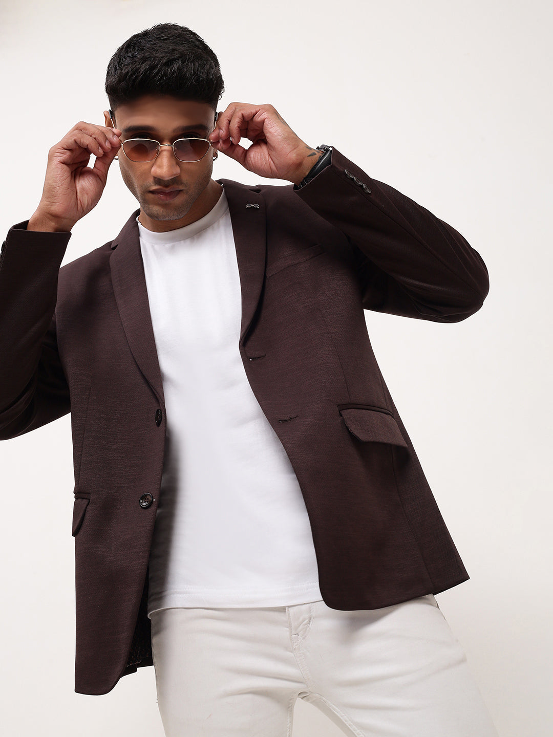 Men Coffee Brown Solid Single Breasted Blazer