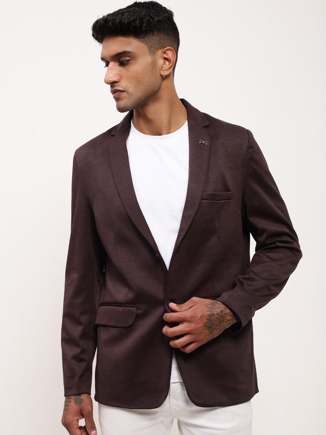 Men Coffee Brown Solid Single Breasted Blazer