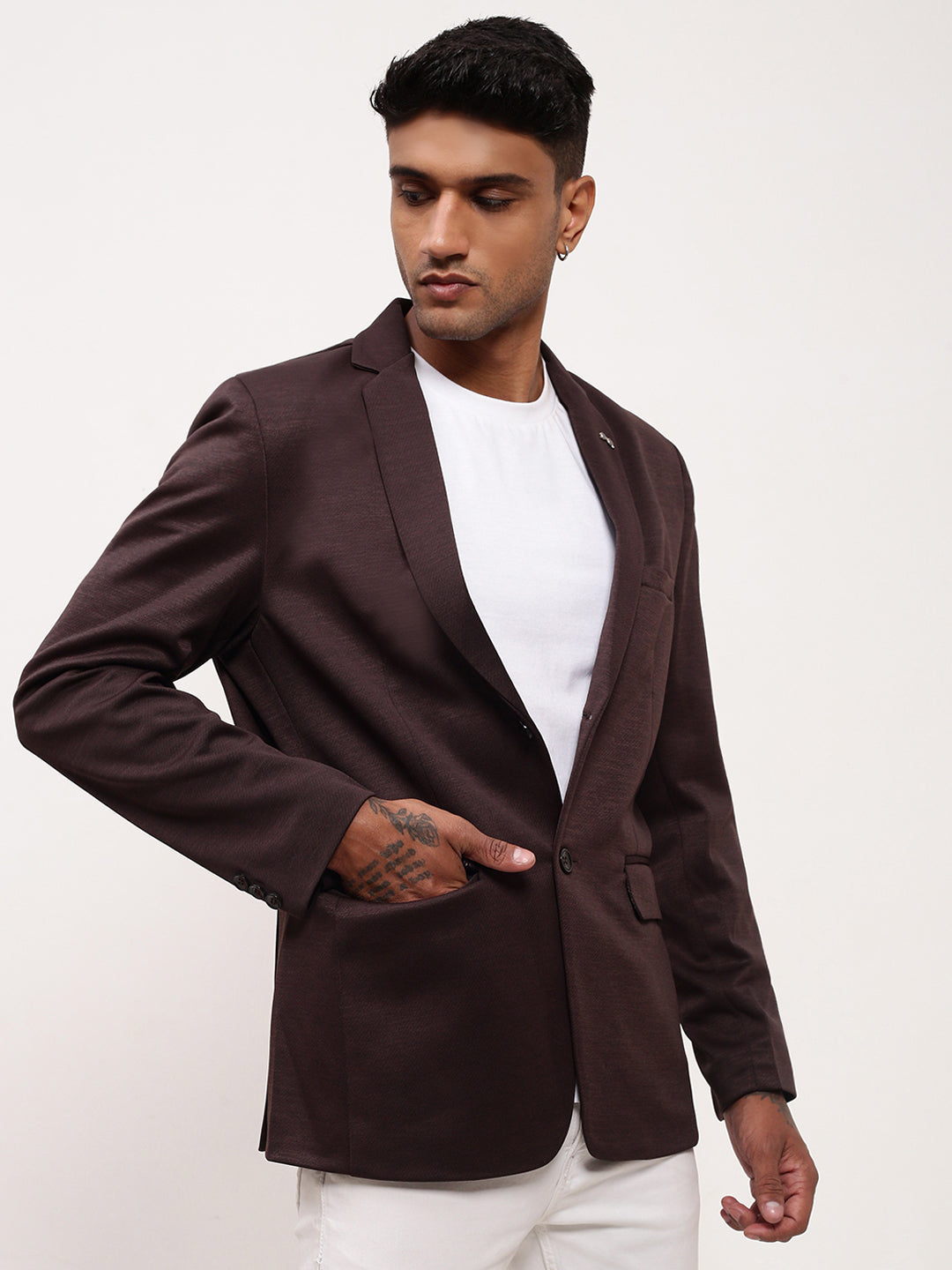 Men Coffee Brown Solid Single Breasted Blazer