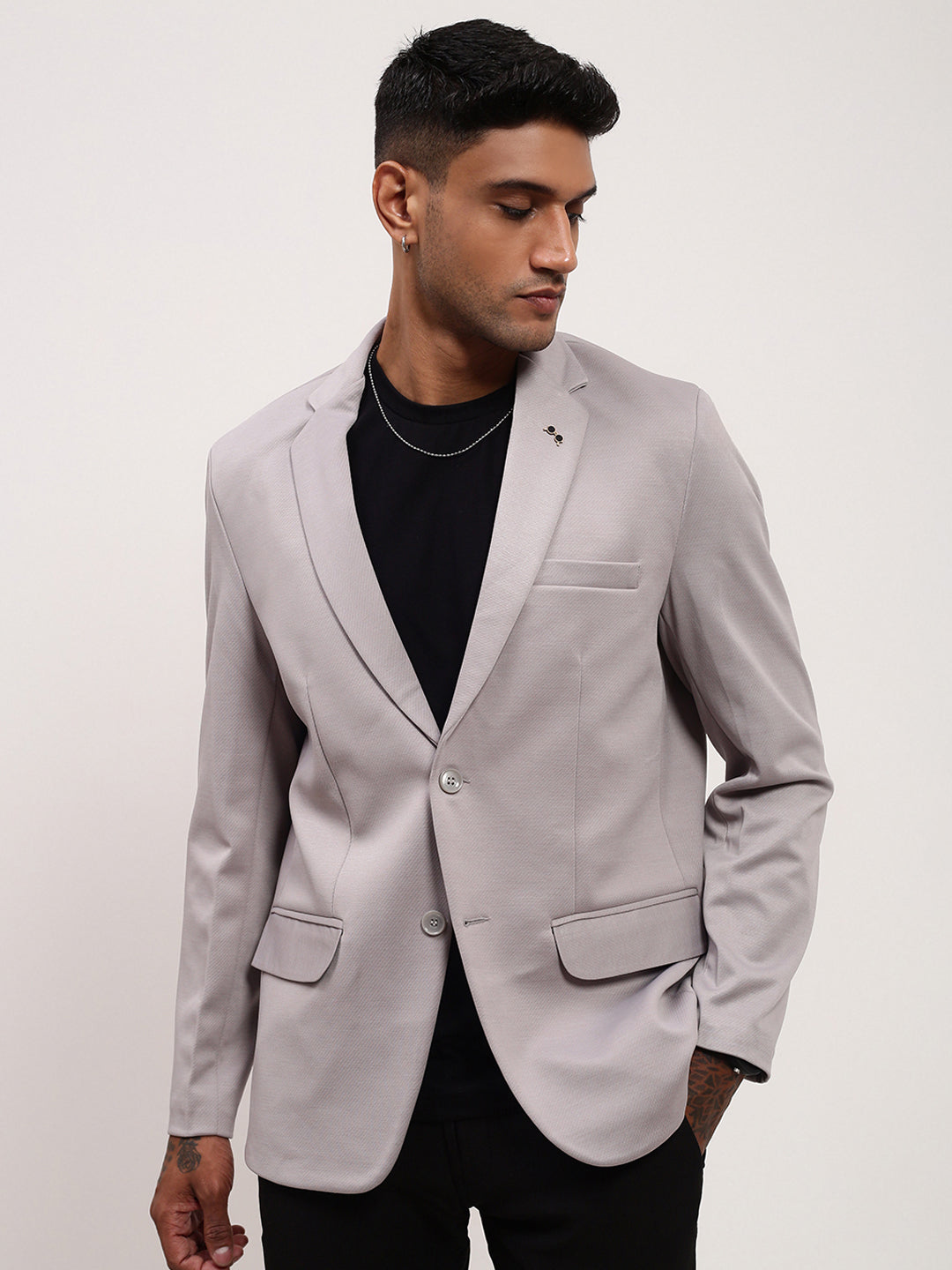 Men Grey Solid Single Breasted Blazer