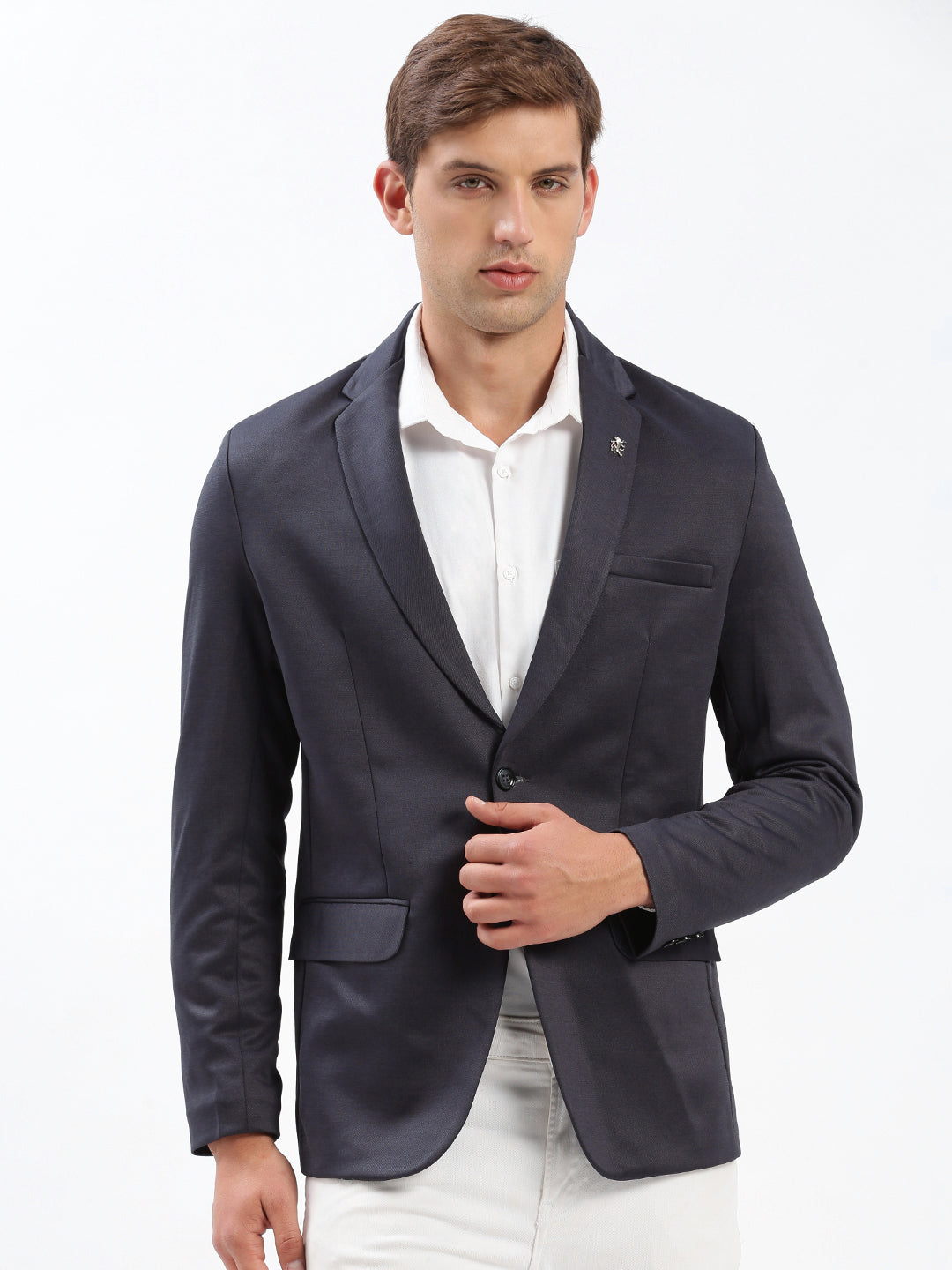 Men Navy Blue Solid Single Breasted Blazer