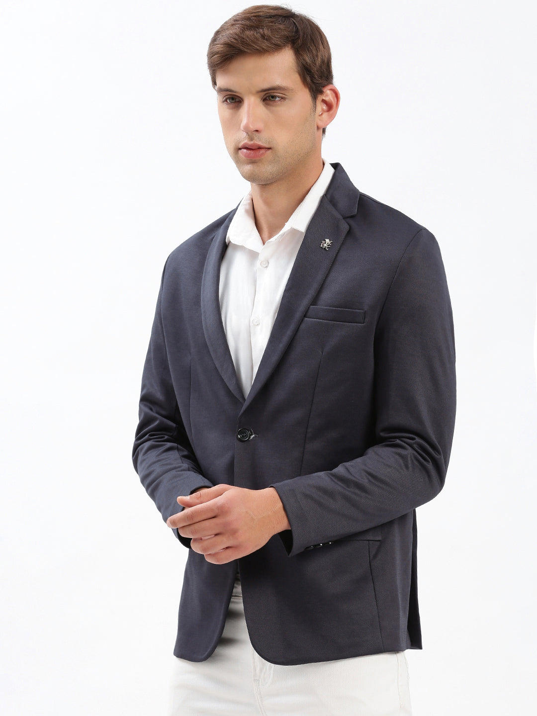 Men Navy Blue Solid Single Breasted Blazer