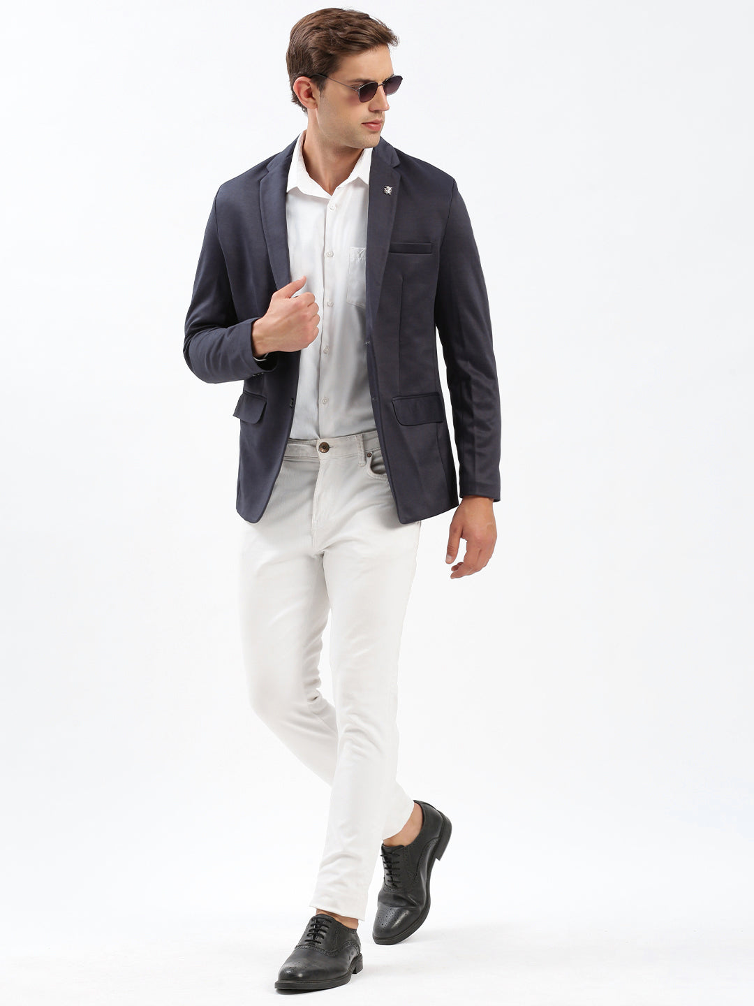 Men Navy Blue Solid Single Breasted Blazer