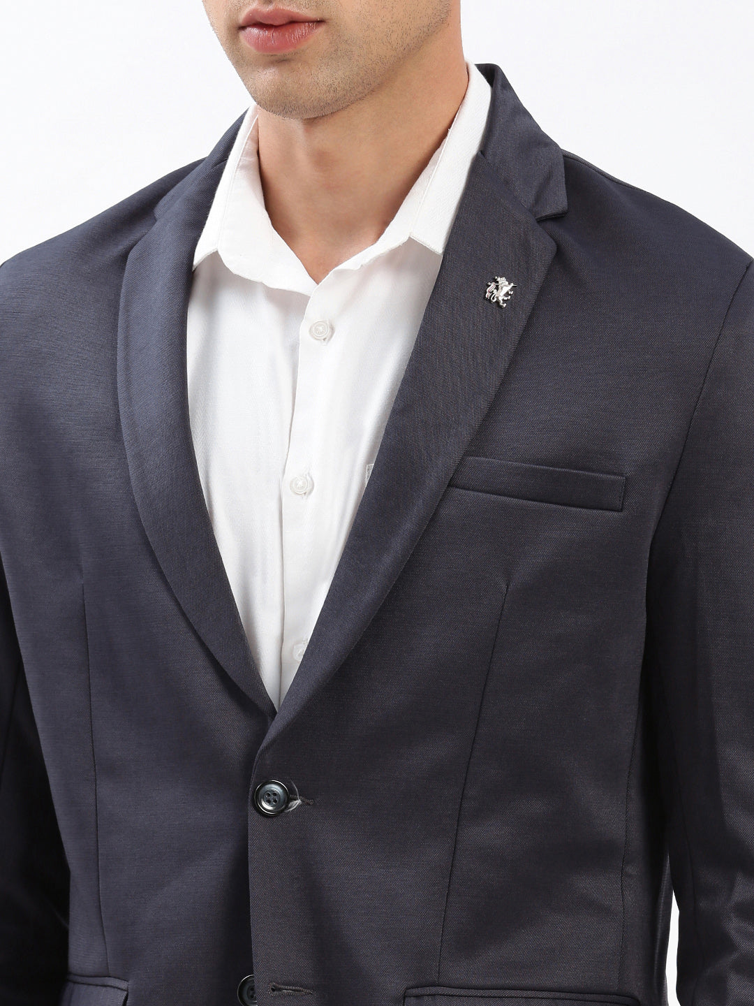 Men Navy Blue Solid Single Breasted Blazer