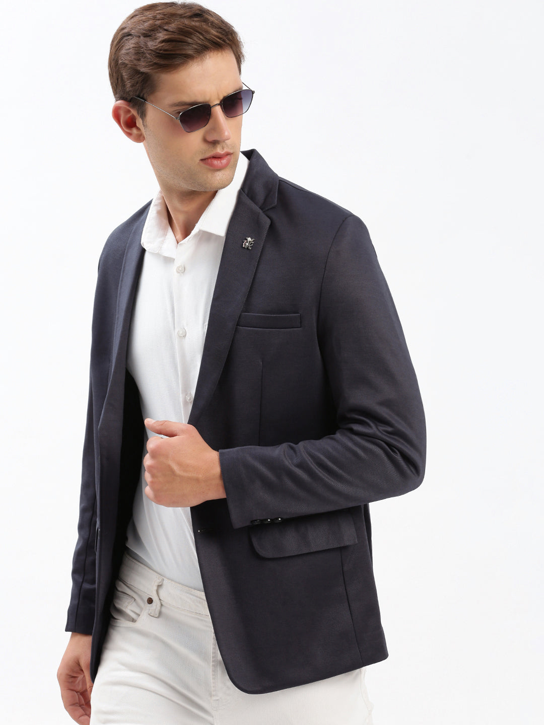 Men Navy Blue Solid Single Breasted Blazer