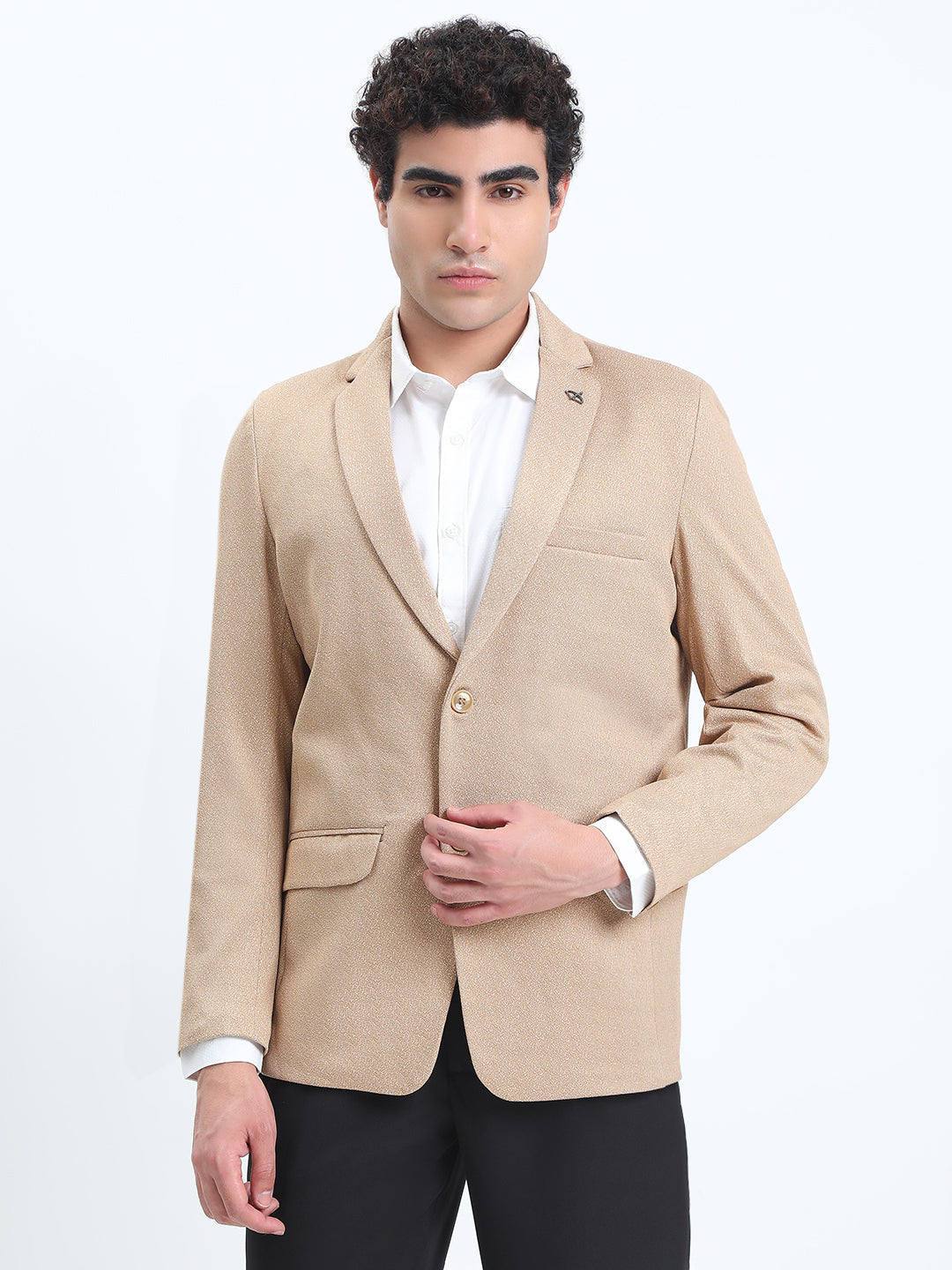 Men's Printed Beige Single-Breasted Slim Fit Blazer