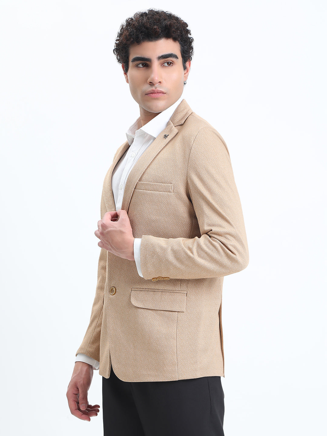 Men's Printed Beige Single-Breasted Slim Fit Blazer
