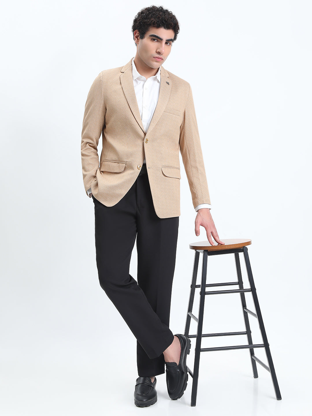 Men's Printed Beige Single-Breasted Slim Fit Blazer