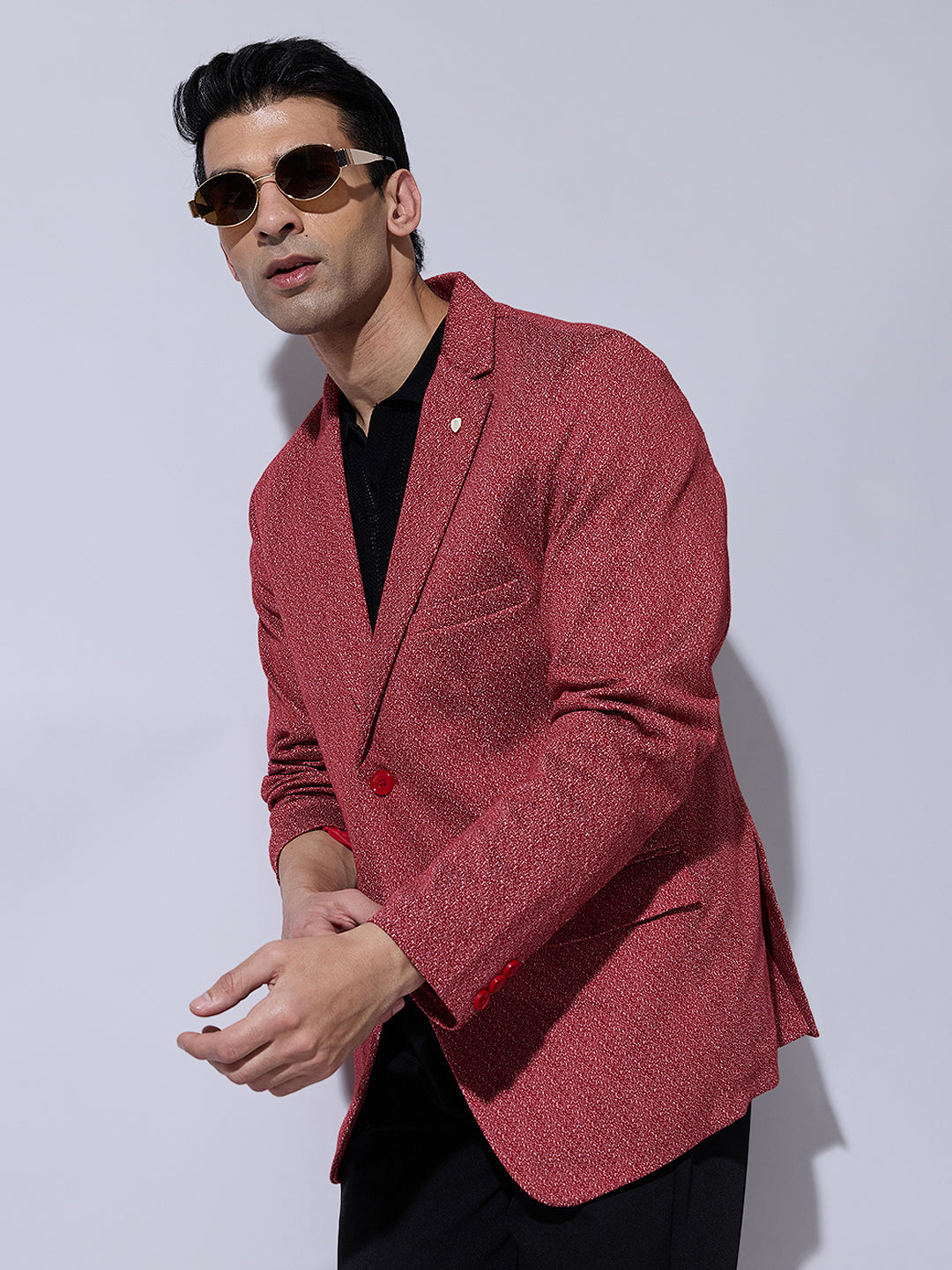 Men's Textured Red Single Breasted Blazer with Notch Lapel
