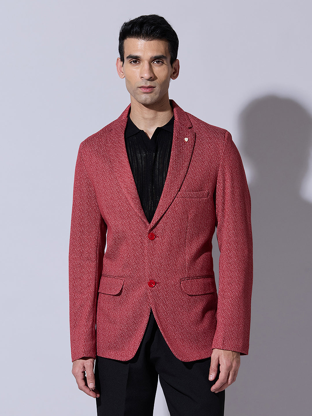 Men's Textured Red Single Breasted Blazer with Notch Lapel