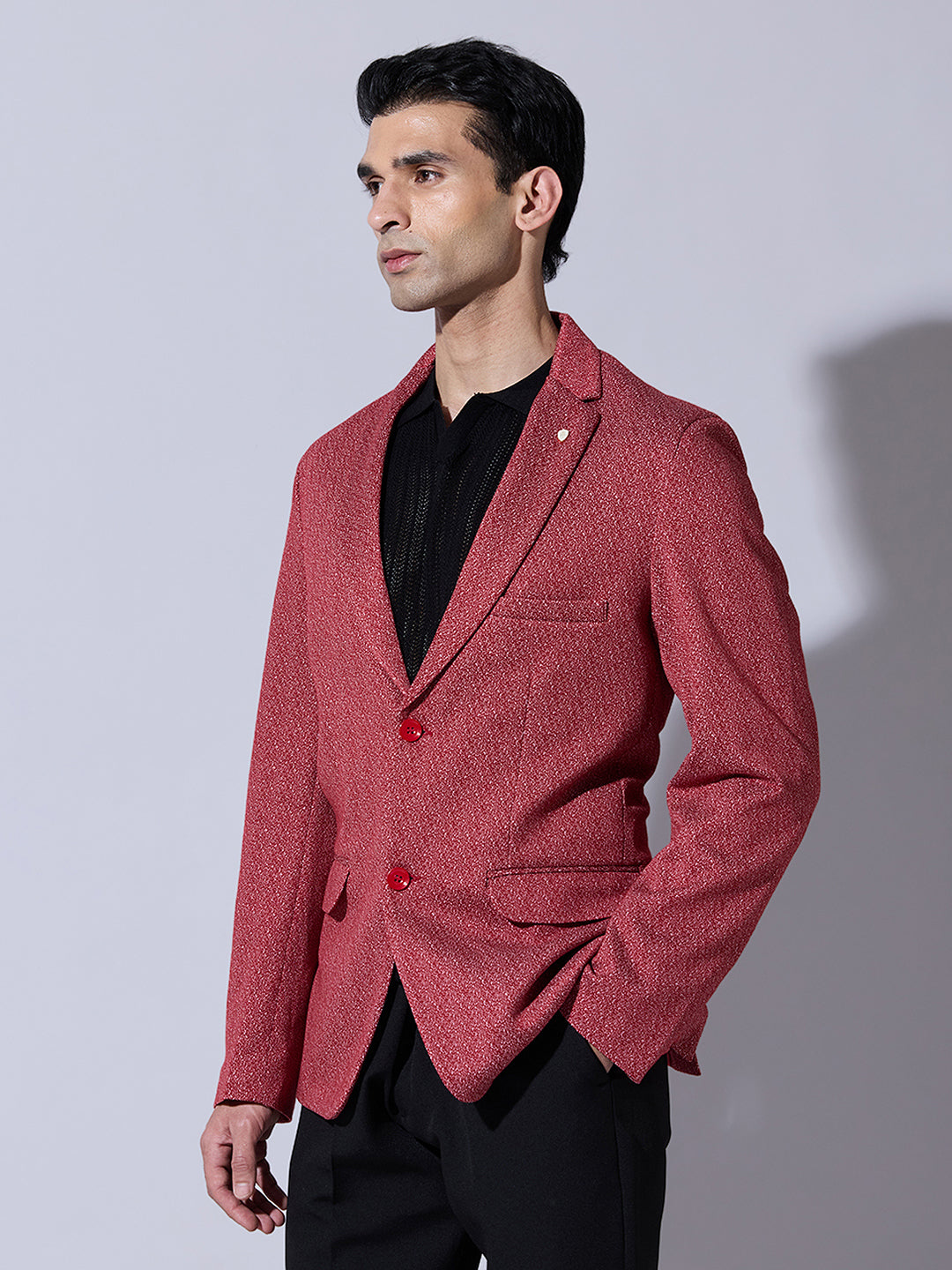 Men's Textured Red Single Breasted Blazer with Notch Lapel