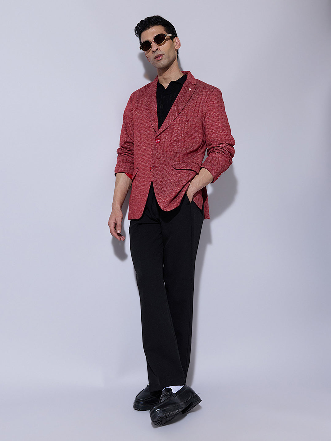 Men's Textured Red Single Breasted Blazer with Notch Lapel