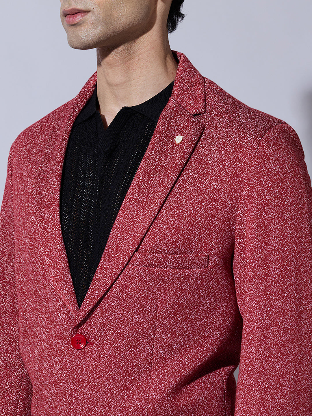 Men's Textured Red Single Breasted Blazer with Notch Lapel