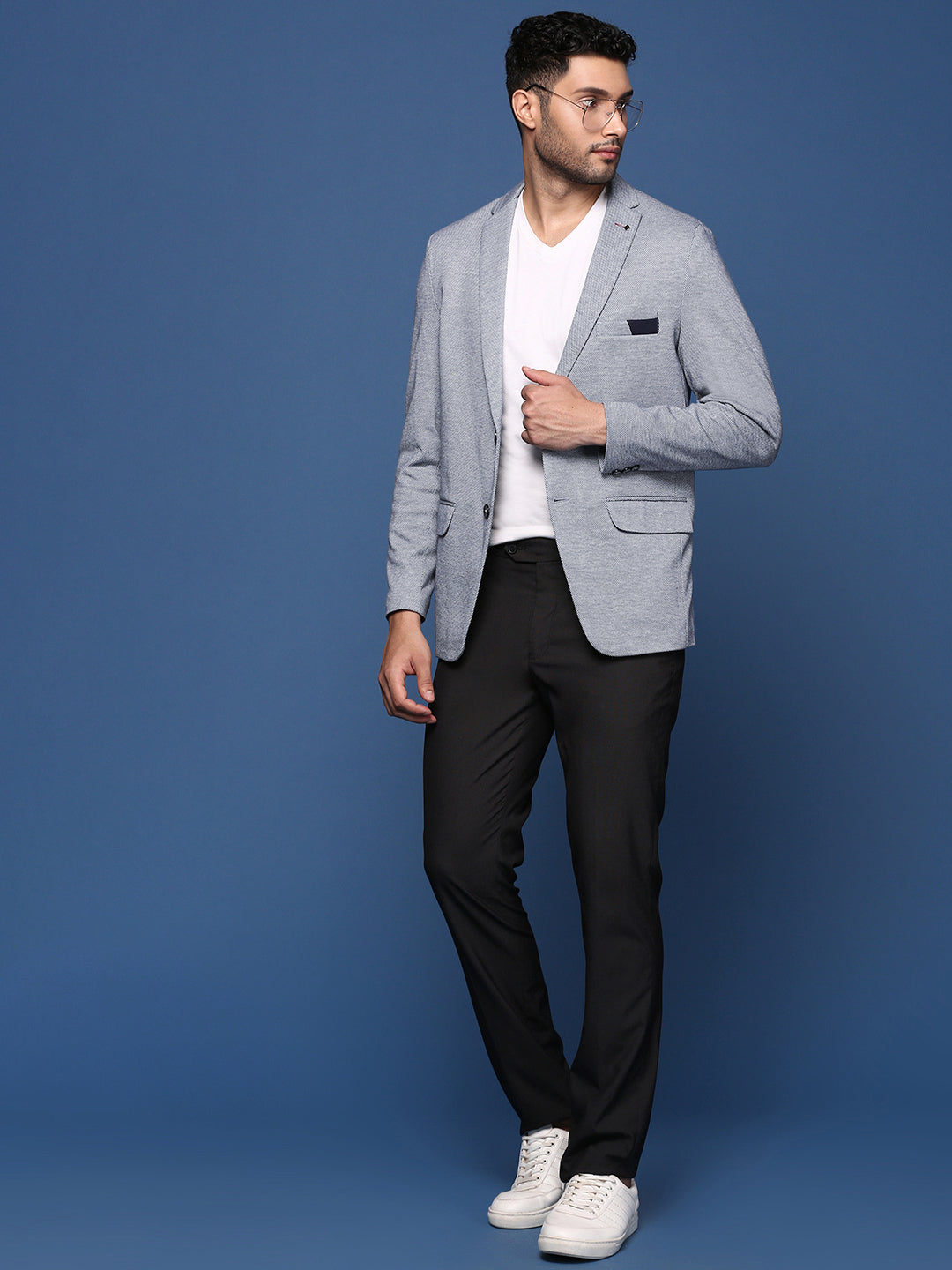 Men Blue Slim Fit Single Breasted Blazer