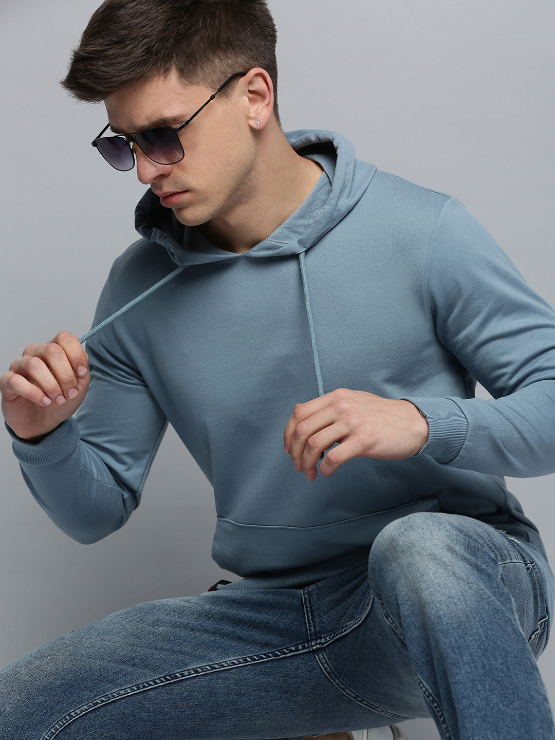 Men Hooded Solid Blue Pullover