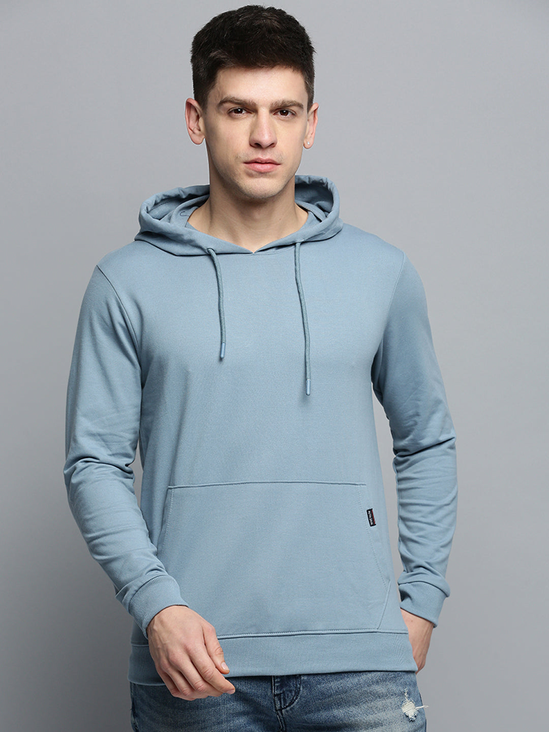 Men Hooded Solid Blue Pullover