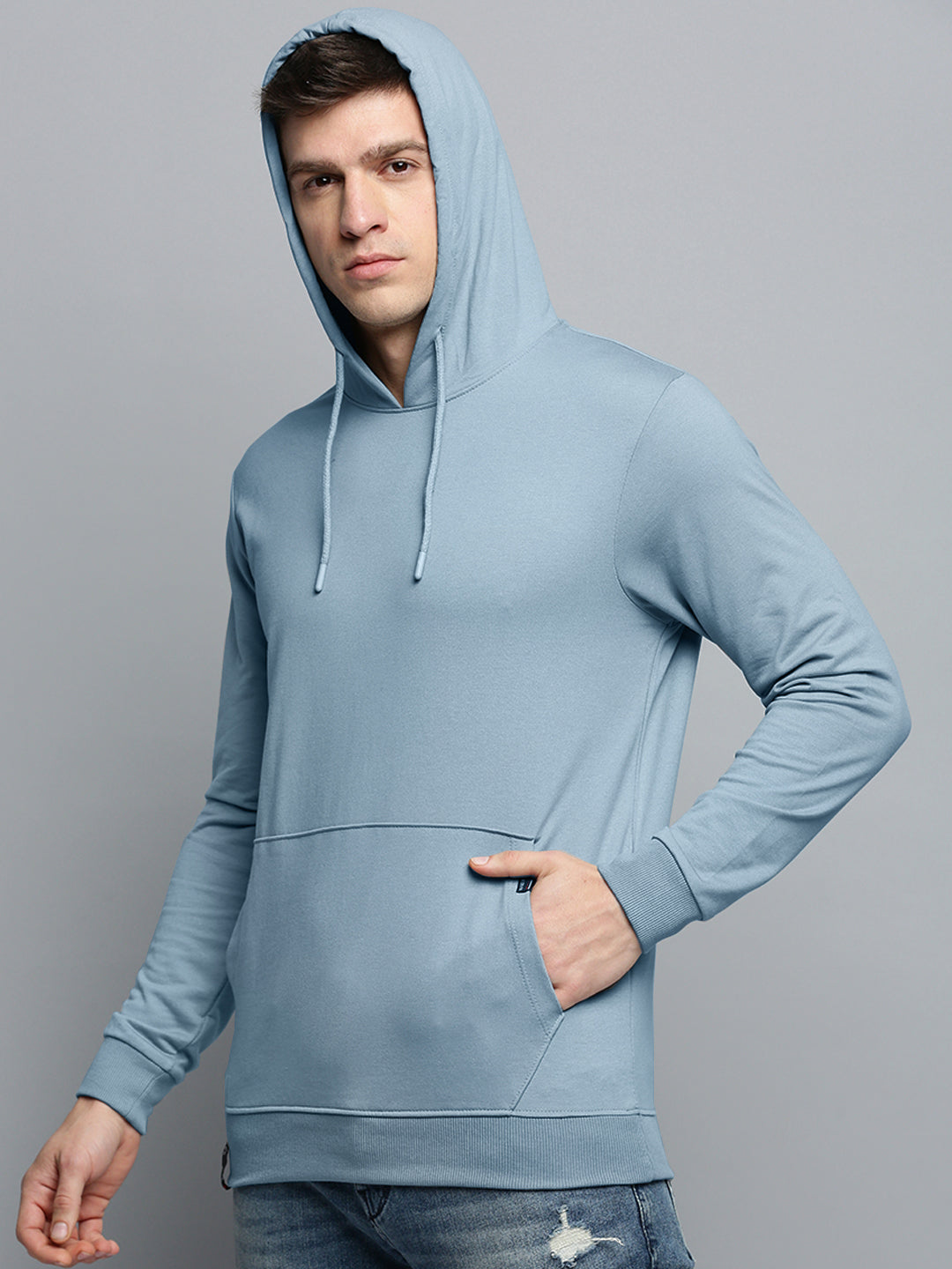 Men Hooded Solid Blue Pullover