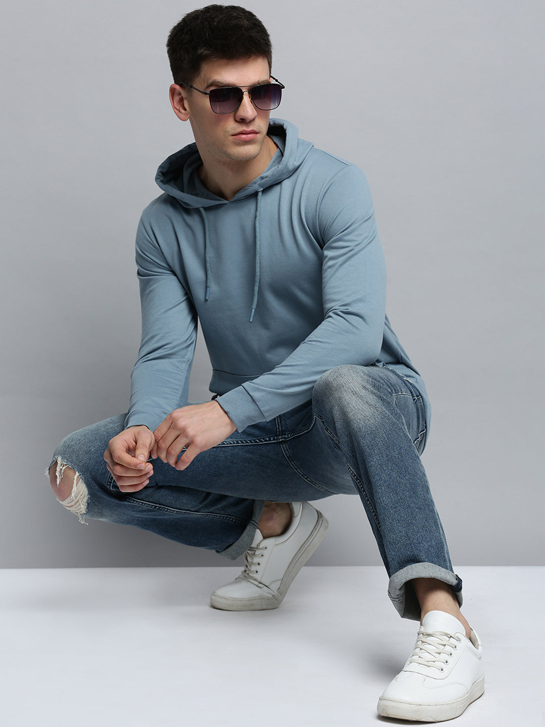 Men Hooded Solid Blue Pullover