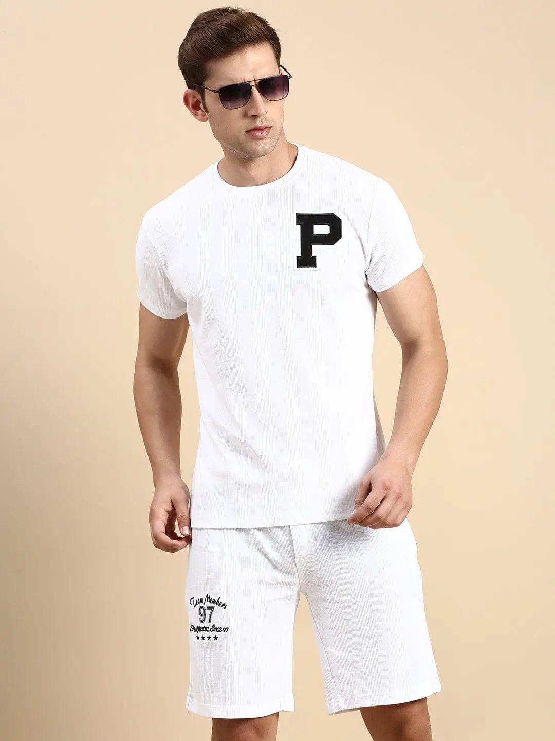 Men's Round Neck Solid White Co-Ords Set